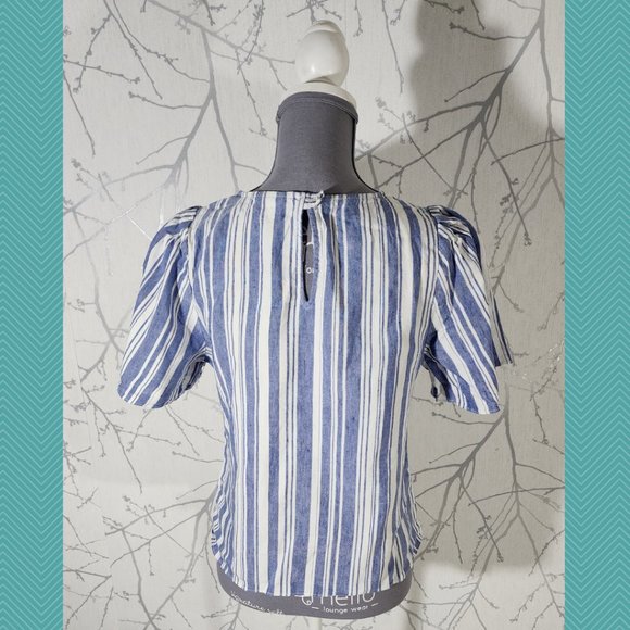 Cabi Blue Striped Linen Blend Puff Sleeve Blouse - Picture 3 of 4
